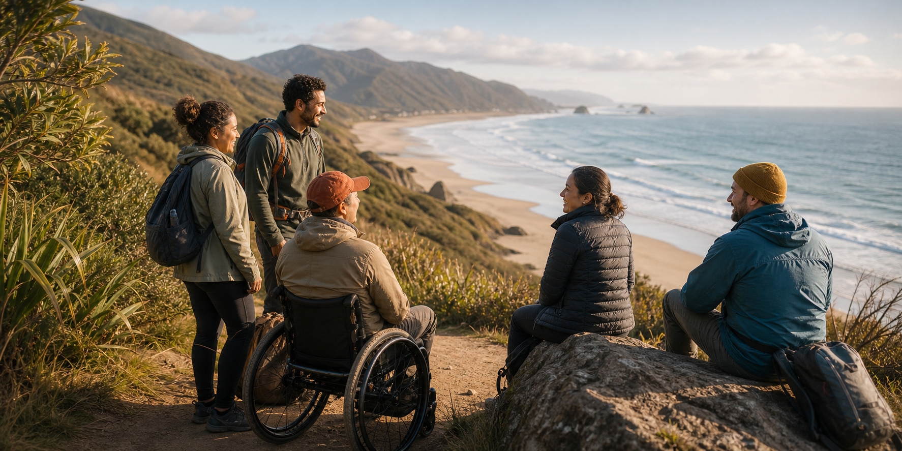 A group on an accessible coastal track above a beach.