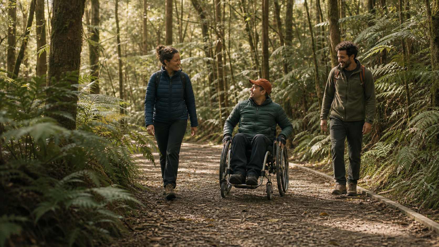 An inclusive group moving along a forest track.