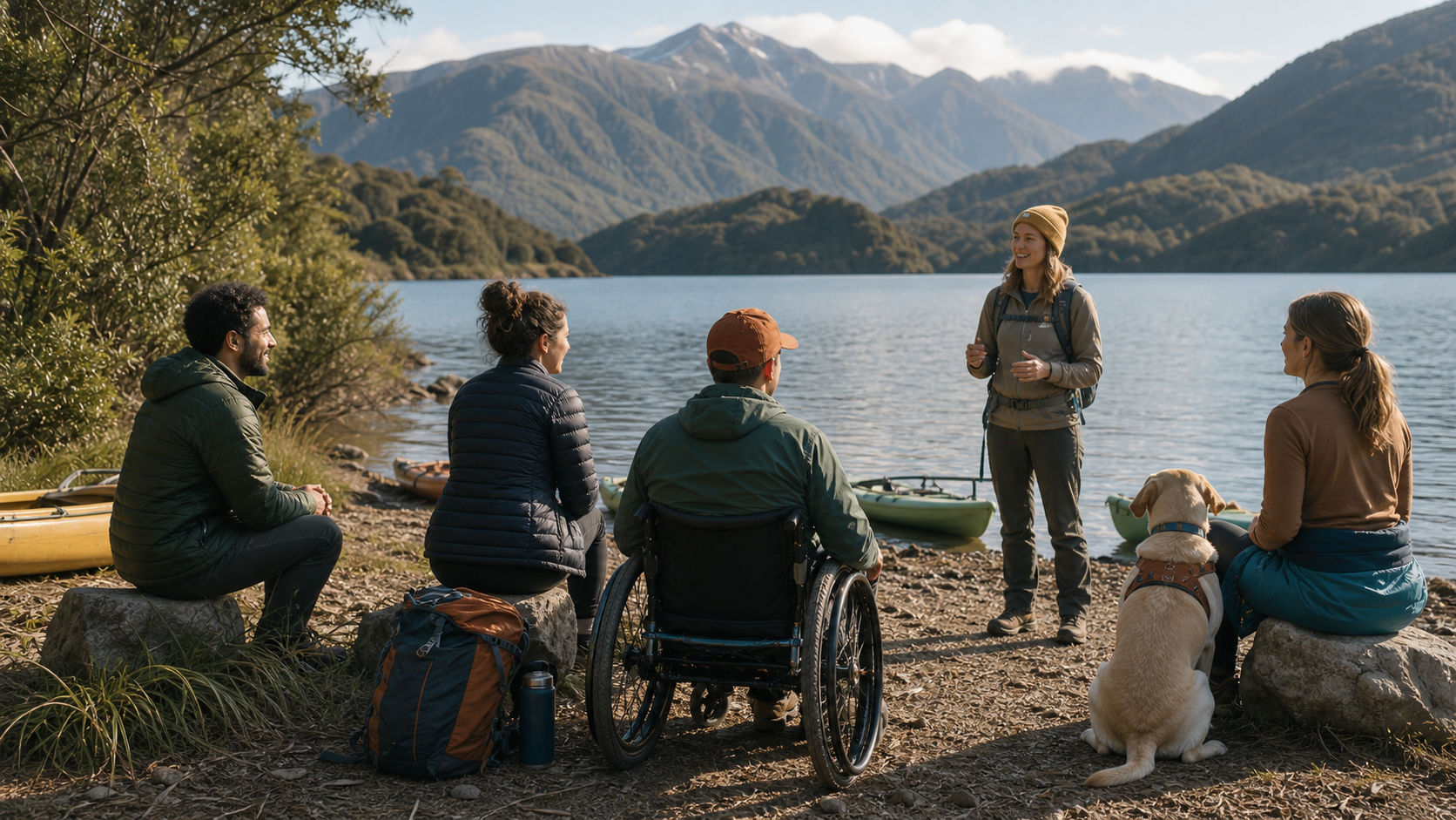 A small group gathered by a calm lake.